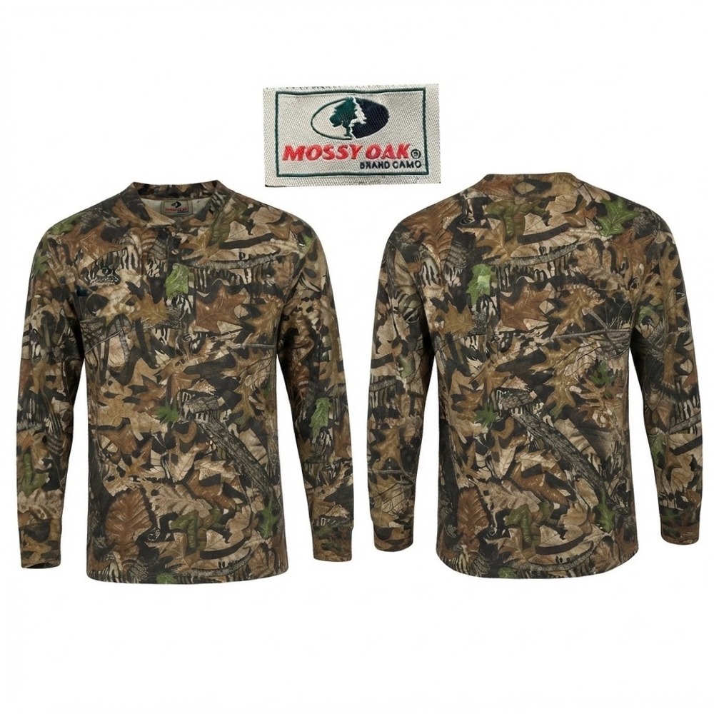 Vtg 90s Mossy Oak Forest Floor Camo Henley Shirt Mens Large L USA Made Hunting